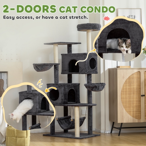 PawHut – Arbre pour chat, grande tour pour chat de 66&nbsp;po avec 2 portes, 3 grands hamacs, perchaude en peluche, poteaux à gratter en sisal,