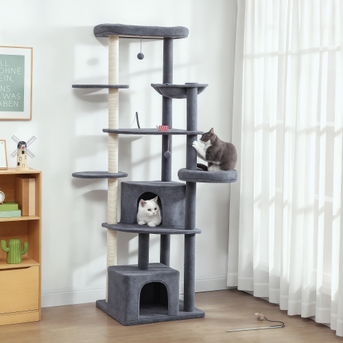 PawHut 79 Inch Cat Tree, Extra Tall Large Cat Tower with Scratching Posts, 2 Perches, 2 Caves, Large Hammock, Pompoms, Multi-Level Plush Kitty Condo