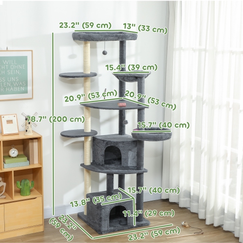 PawHut 79 Inch Cat Tree, Extra Tall Large Cat Tower with Scratching Posts, 2 Perches, 2 Caves, Large Hammock, Pompoms, Multi-Level Plush Kitty Condo