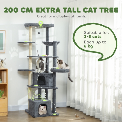 PawHut 79 Inch Cat Tree, Extra Tall Large Cat Tower with Scratching Posts, 2 Perches, 2 Caves, Large Hammock, Pompoms, Multi-Level Plush Kitty Condo
