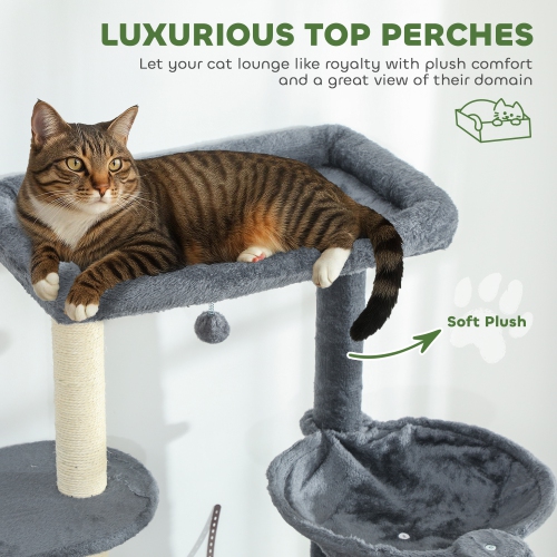 PawHut 79 Inch Cat Tree, Extra Tall Large Cat Tower with Scratching Posts, 2 Perches, 2 Caves, Large Hammock, Pompoms, Multi-Level Plush Kitty Condo