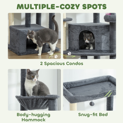 PawHut 79 Inch Cat Tree, Extra Tall Large Cat Tower with Scratching Posts, 2 Perches, 2 Caves, Large Hammock, Pompoms, Multi-Level Plush Kitty Condo