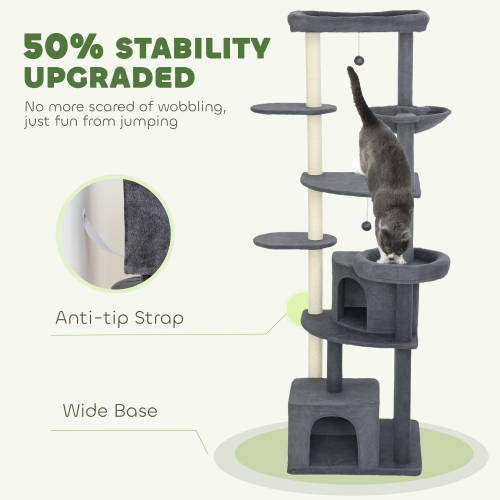 PawHut 79 Inch Cat Tree, Extra Tall Large Cat Tower with Scratching Posts, 2 Perches, 2 Caves, Large Hammock, Pompoms, Multi-Level Plush Kitty Condo