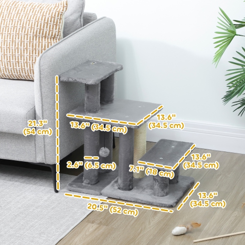 PawHut Cat Stairs with Sisal Scratching Post, Pet Steps for High Bed Couch Sofa, Adjustable 3 Tier Dog Stairs for Small Pets, White & Grey