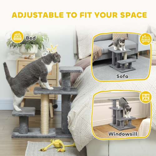 PawHut Cat Stairs with Sisal Scratching Post, Pet Steps for High Bed Couch Sofa, Adjustable 3 Tier Dog Stairs for Small Pets, White & Grey