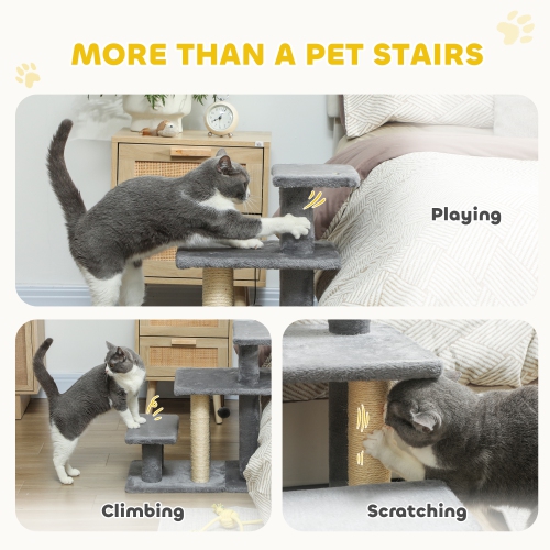 PawHut Cat Stairs with Sisal Scratching Post, Pet Steps for High Bed Couch Sofa, Adjustable 3 Tier Dog Stairs for Small Pets, White & Grey