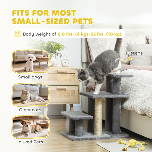 PawHut Cat Stairs with Sisal Scratching Post, Pet Steps for High Bed Couch Sofa, Adjustable 3 Tier Dog Stairs for Small Pets, White & Grey