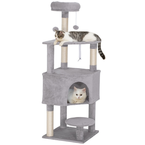 PawHut 54 Inch Cat Tree, Cat Tower for Indoor Kittens with Large Cozy Condo, Plush Top Perch, Sisal Scratching Posts, Dangling Toy Ball, Light Grey