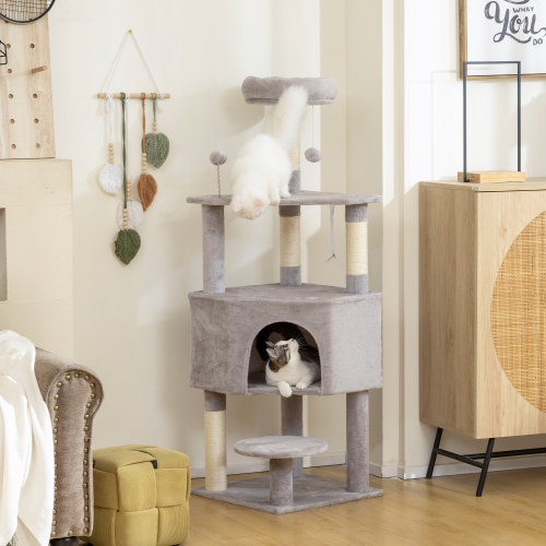 PawHut 54 Inch Cat Tree, Cat Tower for Indoor Kittens with Large Cozy Condo, Plush Top Perch, Sisal Scratching Posts, Dangling Toy Ball, Light Grey