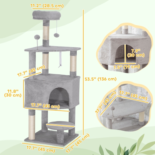 PawHut 54 Inch Cat Tree, Cat Tower for Indoor Kittens with Large Cozy Condo, Plush Top Perch, Sisal Scratching Posts, Dangling Toy Ball, Light Grey