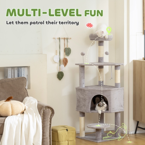 PawHut 54 Inch Cat Tree, Cat Tower for Indoor Kittens with Large Cozy Condo, Plush Top Perch, Sisal Scratching Posts, Dangling Toy Ball, Light Grey