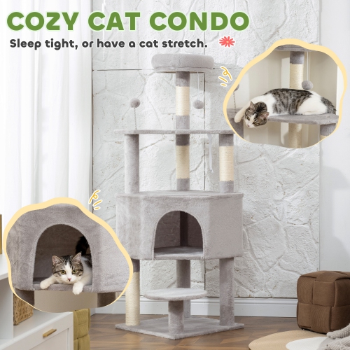 PawHut 54 Inch Cat Tree, Cat Tower for Indoor Kittens with Large Cozy Condo, Plush Top Perch, Sisal Scratching Posts, Dangling Toy Ball, Light Grey