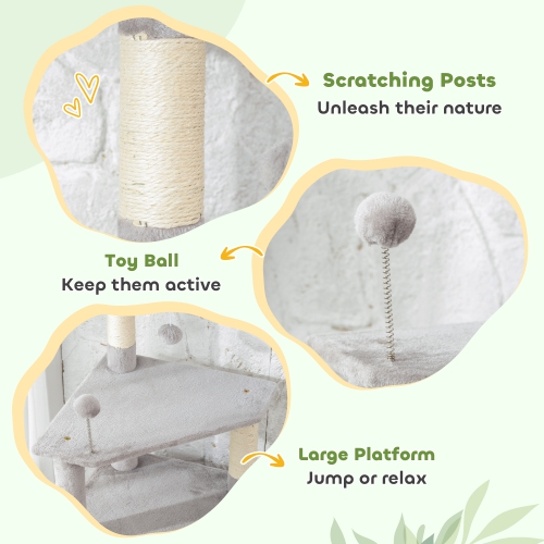PawHut 54 Inch Cat Tree, Cat Tower for Indoor Kittens with Large Cozy Condo, Plush Top Perch, Sisal Scratching Posts, Dangling Toy Ball, Light Grey