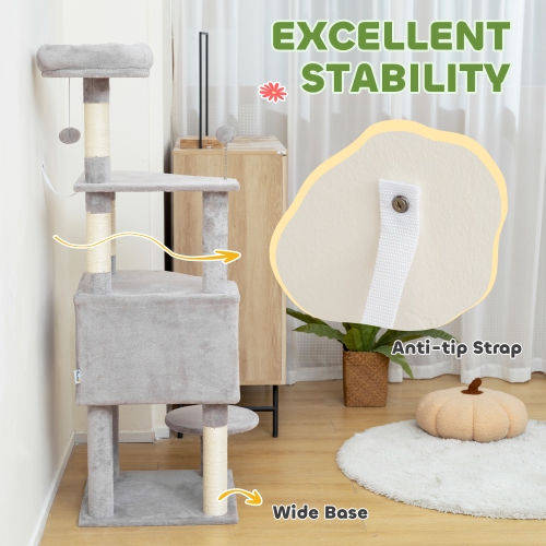 PawHut 54 Inch Cat Tree, Cat Tower for Indoor Kittens with Large Cozy Condo, Plush Top Perch, Sisal Scratching Posts, Dangling Toy Ball, Light Grey