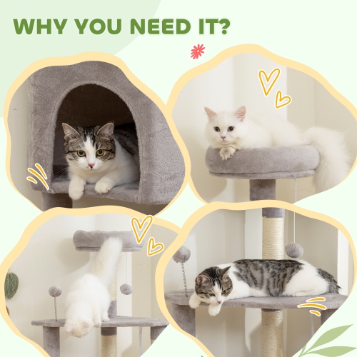 PawHut 54 Inch Cat Tree, Cat Tower for Indoor Kittens with Large Cozy Condo, Plush Top Perch, Sisal Scratching Posts, Dangling Toy Ball, Light Grey