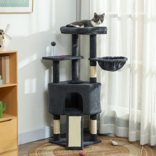 PawHut Cat Tree, 47 Inch Cat Tower with Large Cozy Condo, Hammock, Bed, Ladder, Toy Balls, Sisal Scratching Posts, for Indoor Kittens, Dark Grey