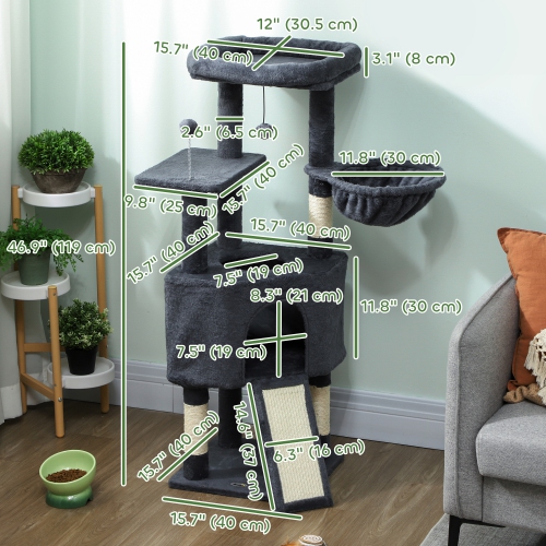 PawHut Cat Tree, 47 Inch Cat Tower with Large Cozy Condo, Hammock, Bed, Ladder, Toy Balls, Sisal Scratching Posts, for Indoor Kittens, Dark Grey