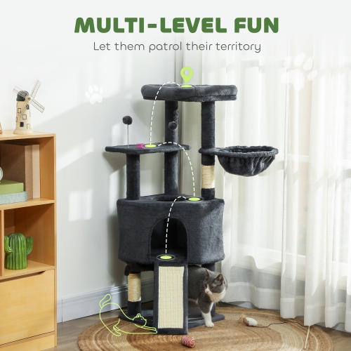 PawHut Cat Tree, 47 Inch Cat Tower with Large Cozy Condo, Hammock, Bed, Ladder, Toy Balls, Sisal Scratching Posts, for Indoor Kittens, Dark Grey