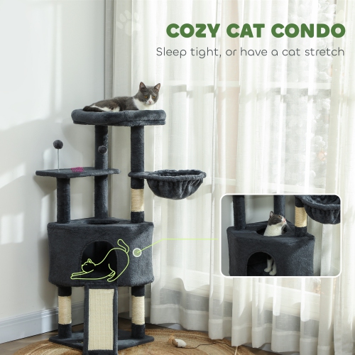 PawHut Cat Tree, 47 Inch Cat Tower with Large Cozy Condo, Hammock, Bed, Ladder, Toy Balls, Sisal Scratching Posts, for Indoor Kittens, Dark Grey