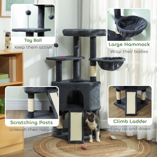PawHut Cat Tree, 47 Inch Cat Tower with Large Cozy Condo, Hammock, Bed, Ladder, Toy Balls, Sisal Scratching Posts, for Indoor Kittens, Dark Grey