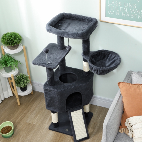 PawHut Cat Tree, 47 Inch Cat Tower with Large Cozy Condo, Hammock, Bed, Ladder, Toy Balls, Sisal Scratching Posts, for Indoor Kittens, Dark Grey