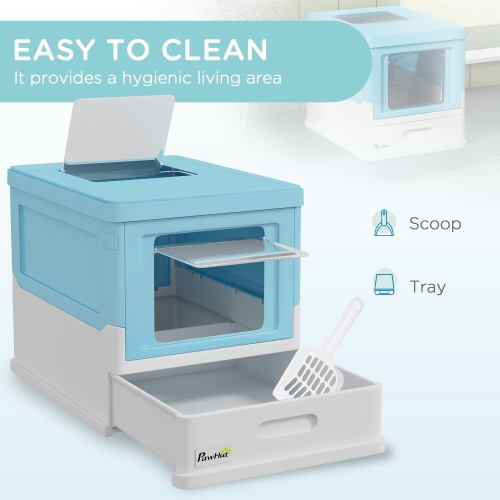 PawHut – Bac à litière pour chats, bac à litière pliable avec pelle, plateau, entrée avant et sur le dessus, grand espace, portatif, bleu