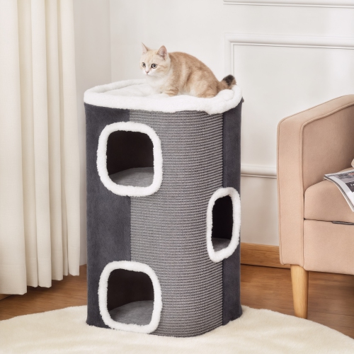 PawHut 4-Story Barrel Shaped Cat Condo, 29" Large Cat House for Indoor with Scratching Surface, Removable Soft Top Plush Bed, 3 Hideaways, Kitty Cave