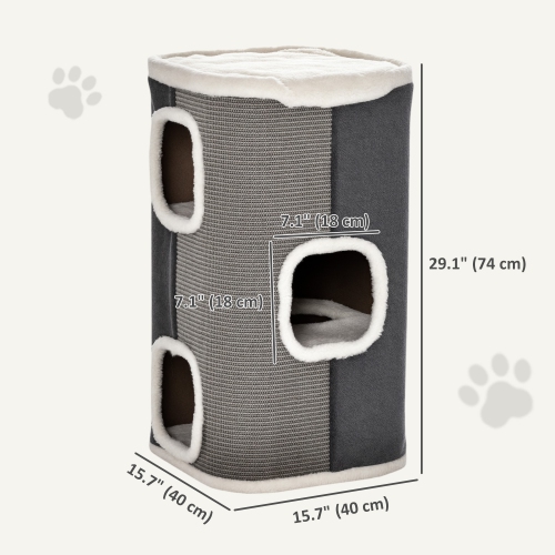 PawHut 4-Story Barrel Shaped Cat Condo, 29" Large Cat House for Indoor with Scratching Surface, Removable Soft Top Plush Bed, 3 Hideaways, Kitty Cave