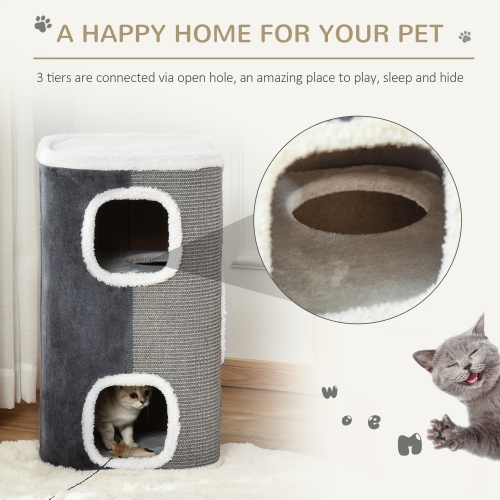 PawHut 4-Story Barrel Shaped Cat Condo, 29" Large Cat House for Indoor with Scratching Surface, Removable Soft Top Plush Bed, 3 Hideaways, Kitty Cave