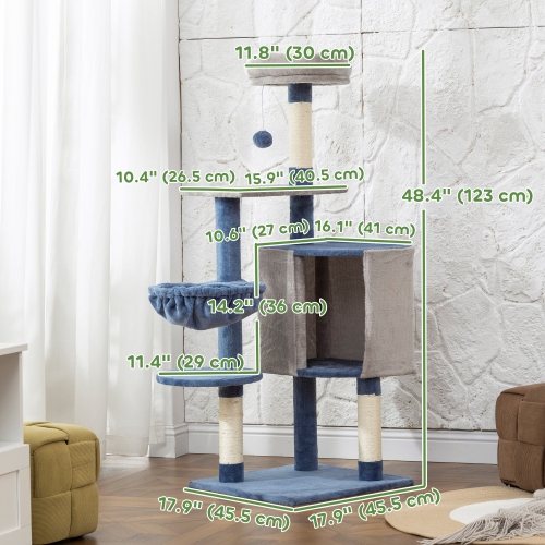 PawHut Modern Cat Tree, 48 Inch Cat Tower for Indoor Kittens with Cozy Condo, Hammock, Top Perch, Sisal Scratching Posts, Toy Ball, Blue and Grey