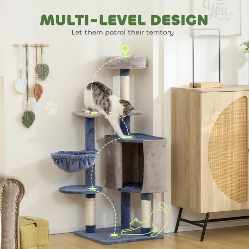 PawHut Modern Cat Tree, 48 Inch Cat Tower for Indoor Kittens with Cozy Condo, Hammock, Top Perch, Sisal Scratching Posts, Toy Ball, Blue and Grey