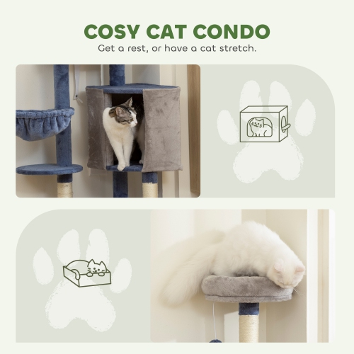 PawHut Modern Cat Tree, 48 Inch Cat Tower for Indoor Kittens with Cozy Condo, Hammock, Top Perch, Sisal Scratching Posts, Toy Ball, Blue and Grey