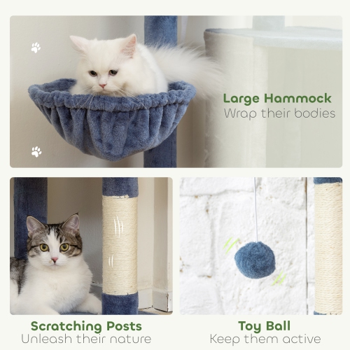 PawHut Modern Cat Tree, 48 Inch Cat Tower for Indoor Kittens with Cozy Condo, Hammock, Top Perch, Sisal Scratching Posts, Toy Ball, Blue and Grey