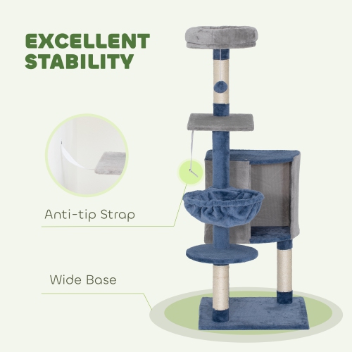 PawHut Modern Cat Tree, 48 Inch Cat Tower for Indoor Kittens with Cozy Condo, Hammock, Top Perch, Sisal Scratching Posts, Toy Ball, Blue and Grey