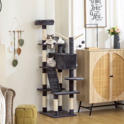 PawHut 59 Inch Cat Tree, Large Multi-Level Cat Tower with Sisal Scratching Posts, Cozy Condo, Top Perch, Ladder and Interactive Balls for Indoor