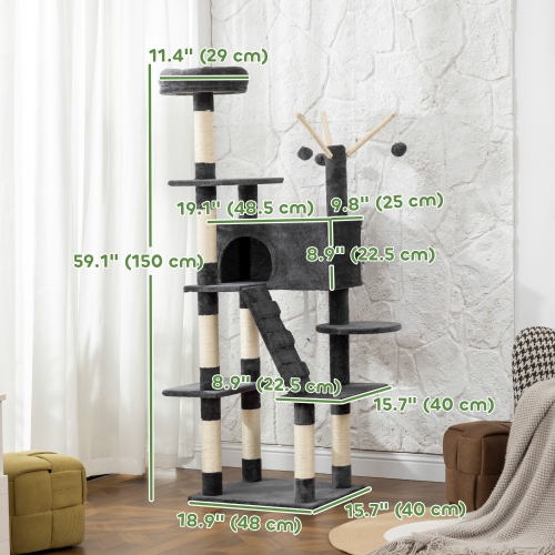 PawHut 59 Inch Cat Tree, Large Multi-Level Cat Tower with Sisal Scratching Posts, Cozy Condo, Top Perch, Ladder and Interactive Balls for Indoor