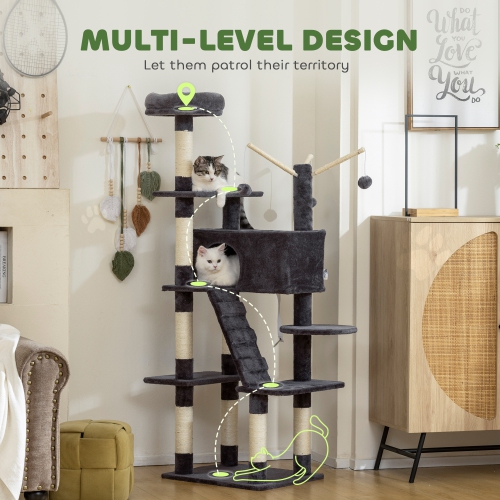 PawHut 59 Inch Cat Tree, Large Multi-Level Cat Tower with Sisal Scratching Posts, Cozy Condo, Top Perch, Ladder and Interactive Balls for Indoor