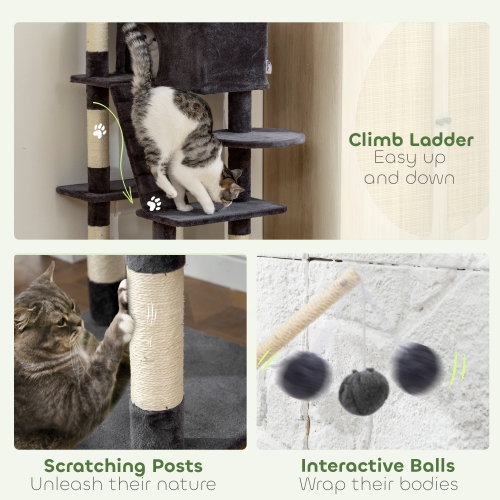 PawHut 59 Inch Cat Tree, Large Multi-Level Cat Tower with Sisal Scratching Posts, Cozy Condo, Top Perch, Ladder and Interactive Balls for Indoor