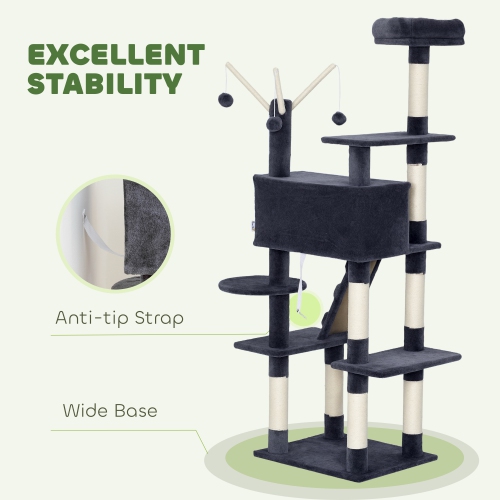PawHut 59 Inch Cat Tree, Large Multi-Level Cat Tower with Sisal Scratching Posts, Cozy Condo, Top Perch, Ladder and Interactive Balls for Indoor