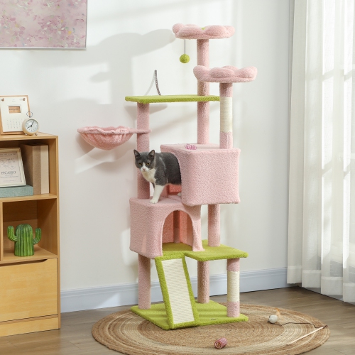PawHut 62" Flower Cat Tree, Multi-Level Large Cat Tower with 2 Condos, 2 Beds, Hammock, Sisal Scratching Posts & Pad, Plush Perch, Platforms, for