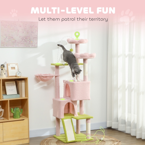 PawHut 62" Flower Cat Tree, Multi-Level Large Cat Tower with 2 Condos, 2 Beds, Hammock, Sisal Scratching Posts & Pad, Plush Perch, Platforms, for