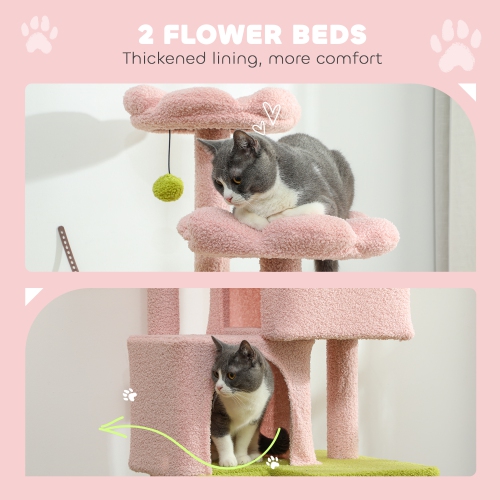 PawHut 62" Flower Cat Tree, Multi-Level Large Cat Tower with 2 Condos, 2 Beds, Hammock, Sisal Scratching Posts & Pad, Plush Perch, Platforms, for
