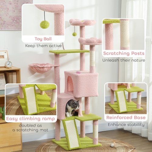 PawHut 62" Flower Cat Tree, Multi-Level Large Cat Tower with 2 Condos, 2 Beds, Hammock, Sisal Scratching Posts & Pad, Plush Perch, Platforms, for