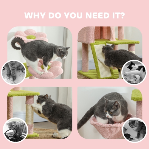 PawHut 62" Flower Cat Tree, Multi-Level Large Cat Tower with 2 Condos, 2 Beds, Hammock, Sisal Scratching Posts & Pad, Plush Perch, Platforms, for