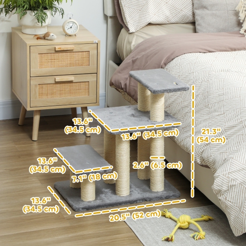 PawHut Cat Stairs with 6 Sisal Scratching Posts, Pet Steps for High Bed Couch Sofa, Adjustable 3 Tier Dog Stairs for Small Pets, White & Grey