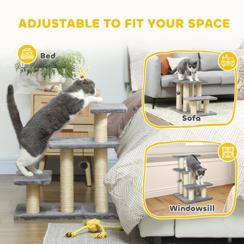 PawHut Cat Stairs with 6 Sisal Scratching Posts, Pet Steps for High Bed Couch Sofa, Adjustable 3 Tier Dog Stairs for Small Pets, White & Grey