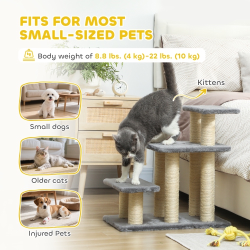 PawHut Cat Stairs with 6 Sisal Scratching Posts, Pet Steps for High Bed Couch Sofa, Adjustable 3 Tier Dog Stairs for Small Pets, White & Grey