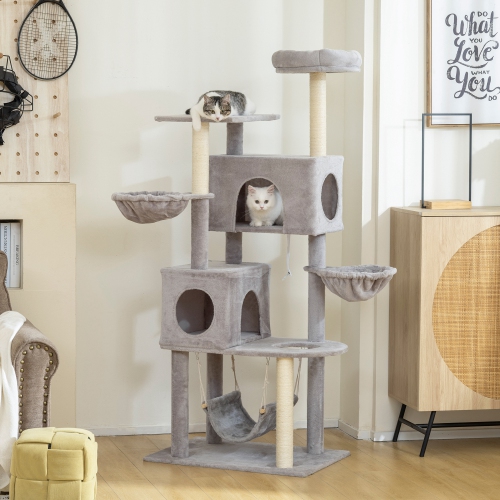 PawHut Cat Tree, 66 Inch Large Cat Tower with 2 Door Condos, 3 Big Hammocks, Plush Top Perch, Sisal Scratching Posts, Multi-level Kitty Tree for