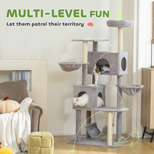 PawHut Cat Tree, 66 Inch Large Cat Tower with 2 Door Condos, 3 Big Hammocks, Plush Top Perch, Sisal Scratching Posts, Multi-level Kitty Tree for