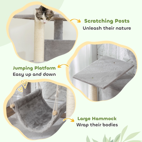 PawHut Cat Tree, 66 Inch Large Cat Tower with 2 Door Condos, 3 Big Hammocks, Plush Top Perch, Sisal Scratching Posts, Multi-level Kitty Tree for
